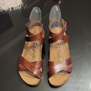 Papillio Brown Crisscross Leather Wedge Sandals